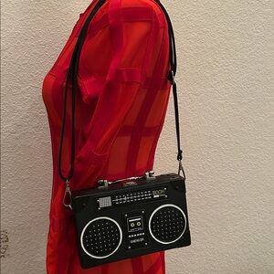 Boombox purse Hardside rectangular Silver hardware Fun Retro Y2K EUC